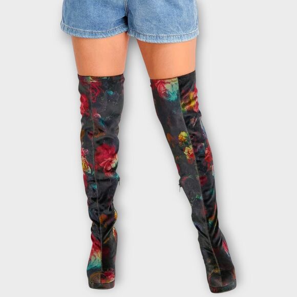 Madden Girl Groupie Black Floral Velvet Over The Knee Platform Heel Boot Size 9 - Picture 3 of 13